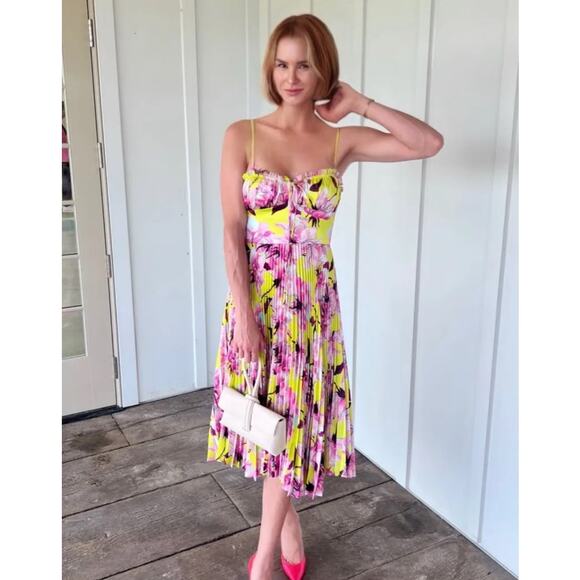 Delfi Collective Floral Pleated Midi Dress Size Small Pink Yellow Bustier - Picture 1 of 12